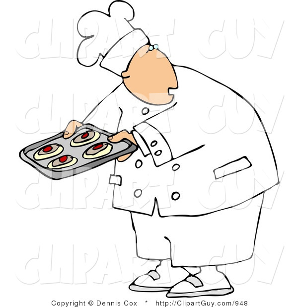 Clip Art of a Caucasian Baker Looking over His Shoulder While Holding Raw Food on a Tray