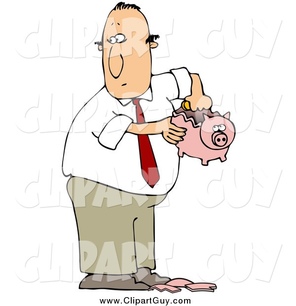 Clip Art of a Caucasian Businessman Breaking a Piggy Bank