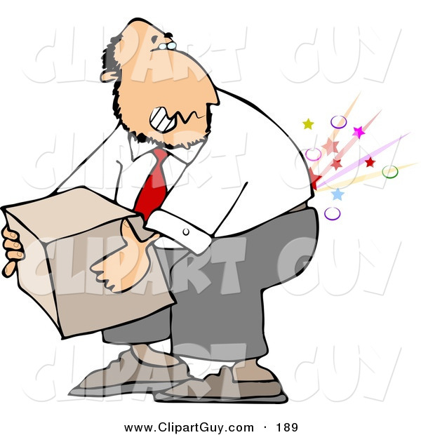 Clip Art of a Caucasian Businessman Cracking and Injuring His Lower Back While Lifting a Heavy Box the Wrong Way