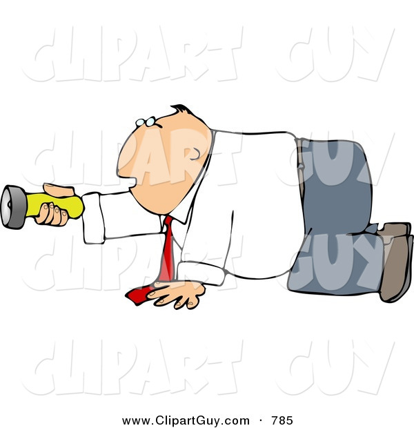 Clip Art of a Caucasian Businessman Crawling on the Ground While Pointing a Flashlight in the Darkness