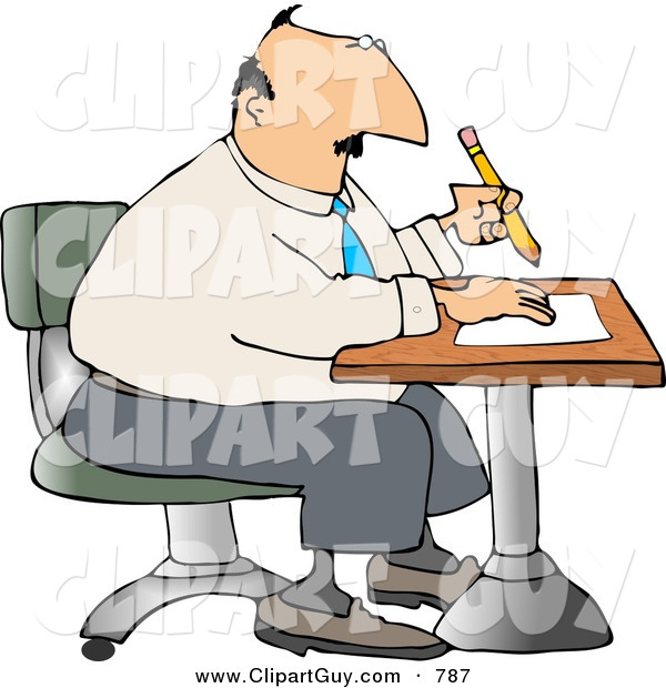 Clip Art of a Caucasian Businessman Sitting at a Desk and Writing on Paper with Pencil