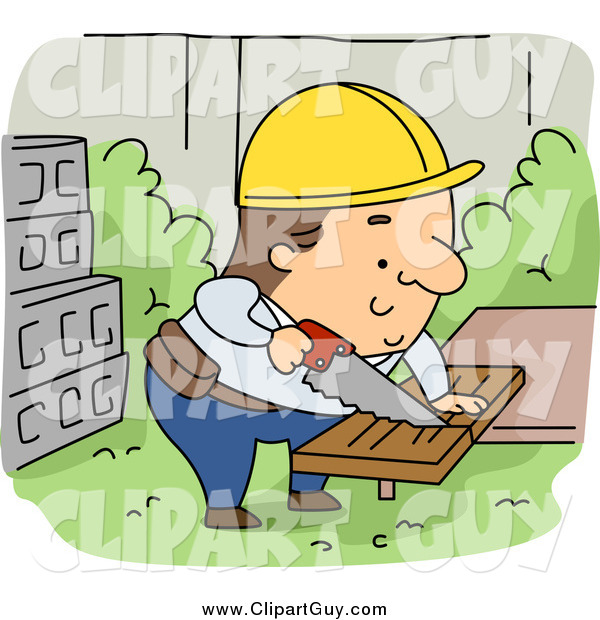 Clip Art of a Caucasian Contractor Builder Sawing Wood