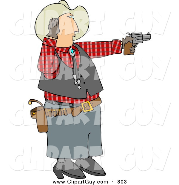 Clip Art of a Caucasian Cowboy Covering His Ear While Shooting a Loud Gun