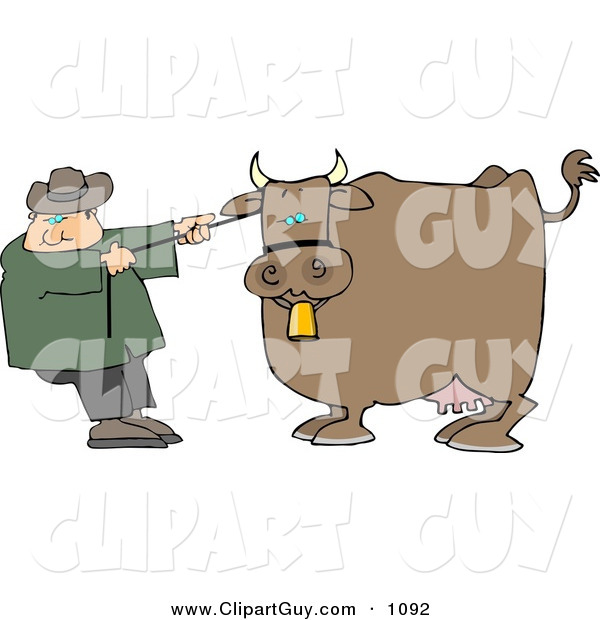 Clip Art of a Caucasian Cowboy Rancher Trying to Move One of His Cow's
