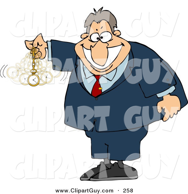Clip Art of a Caucasian Expert in Hypnotism Waving a Clock Back and Forth