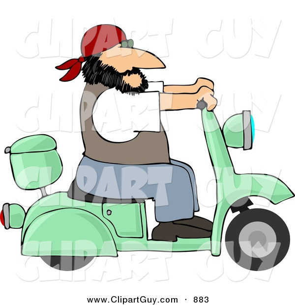 Clip Art of a Caucasian Harley Biker Man Wearing a Bandanna and Driving a Motor Scooter