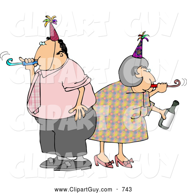 Clip Art of a Caucasian Husband and Wife Partying Together on New Years Eve