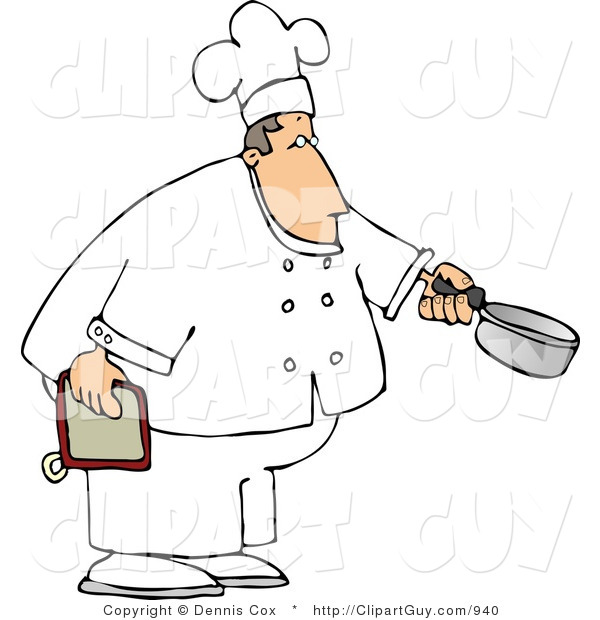 Clip Art of a Caucasian Male Chef Holding a Cooking Pot