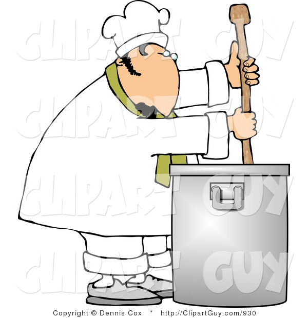 Clip Art of a Caucasian Male Chef Stirring a Large Pot of Soup with a Spoon