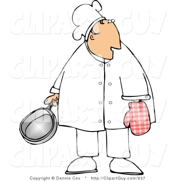 Clip Art of a Caucasian Male Chef Wearing an Oven Mitten and Holding a Cooking Pot
