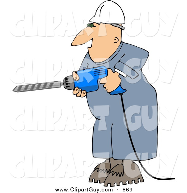 Clip Art of a Caucasian Male Construction Worker Drilling into a Wall