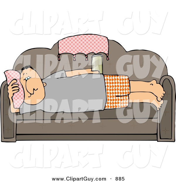 Clip Art of a Caucasian Male Couch Potato Laying on His Couch, Watching TV, and Drinking Beer