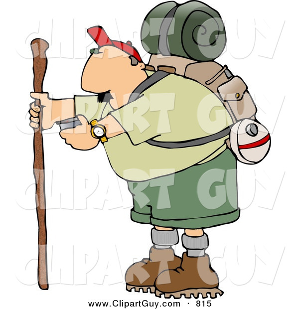 Clip Art of a Caucasian Male Hiker Checking His Compass