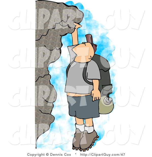 Clip Art of a Caucasian Male Hiker Hanging on a Mountainside Cliff