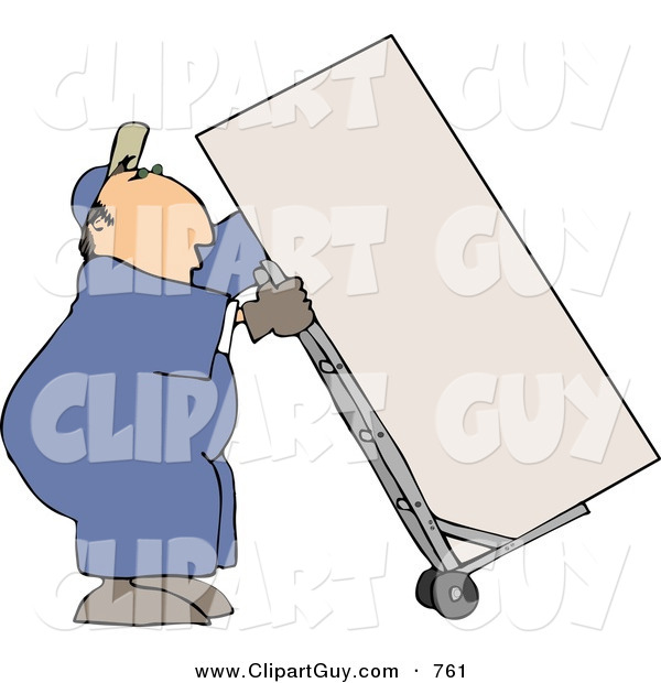 Clip Art of a Caucasian Male Mover Moving a Heavy Refrigerator/Freezer with a Dolly
