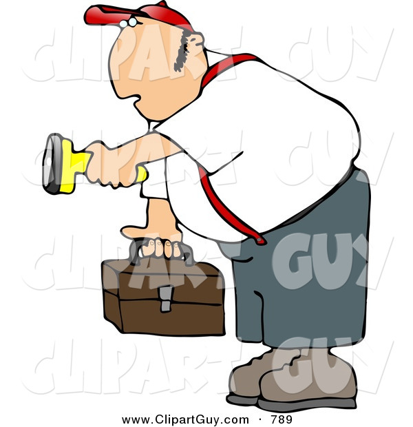 Clip Art of a Caucasian Male Worker Carrying a Toolbox and Pointing a Flashlight in the Dark