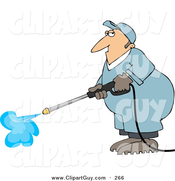 Clip Art of a Caucasian Male Worker Cleaning with a Professional Pressure Washer