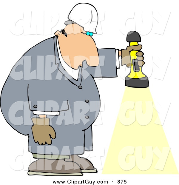 Clip Art of a Caucasian Male Worker Shining a Flashlight Towards the Ground
