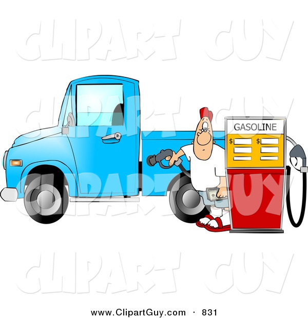 Clip Art of a Caucasian Man at the Gas Station Pumping Diesel Fuel into His Pickup Truck