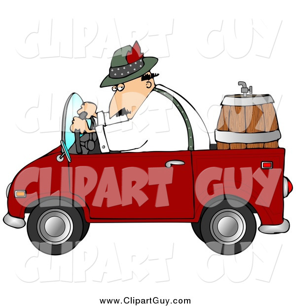 Clip Art of a Caucasian Man Driving a Red Compact Convertible Truck with a Beer Keg in the Back, Delivering Brew to an Oktoberfest Party