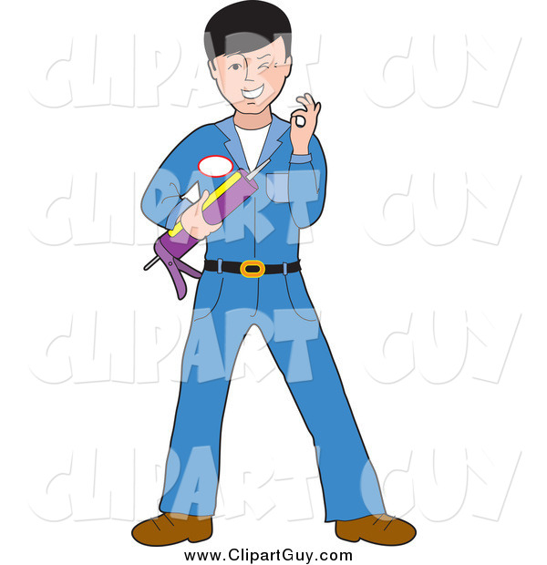 Clip Art of a Caucasian Man in a Blue Uniform, Holding a Caulking Gun