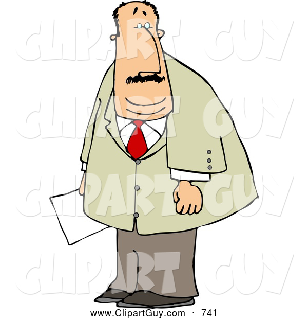 Clip Art of a Caucasian Obese Businessman Holding a Document in His Hand