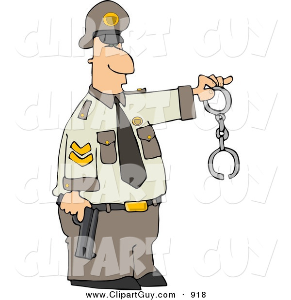 Clip Art of a Caucasian Policeman Holding a Pistol and Handcuffs