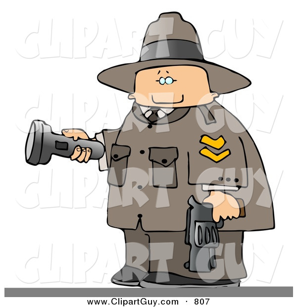 Clip Art of a Caucasian Ranger Armed with a Gun and Pointing a Flashlight