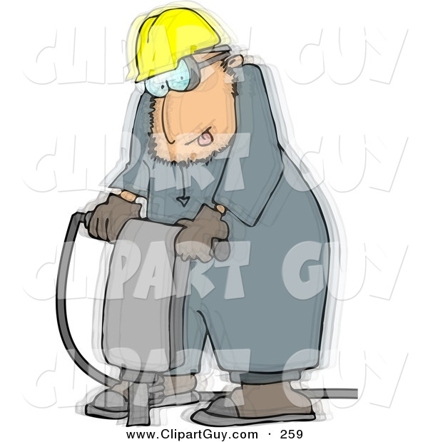 Clip Art of a Caucasian Vibrating Worker Operating a Portable Jackhammer