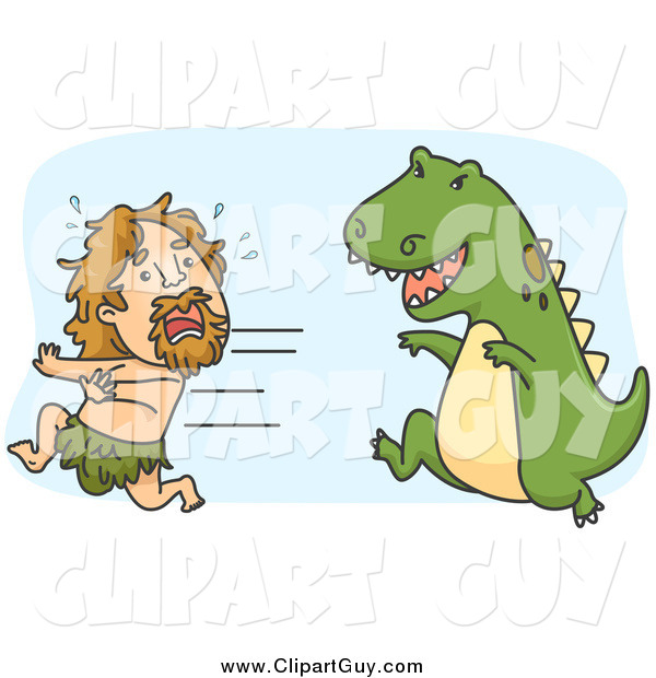 Clip Art of a Caveman Running from a Hungry Dinosaur