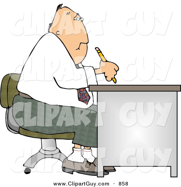 Clip Art of a Chubby Businessman Working at a Desk