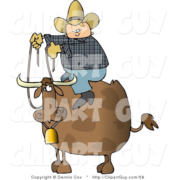 Clip Art of a Chubby Cowboy Sitting on the Back of a Bull with Horns and a Bell