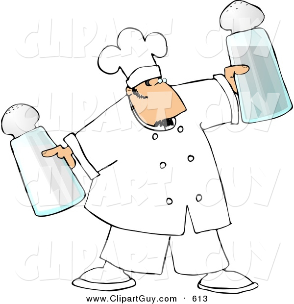 Clip Art of a Chubby White Male Chef Holding Oversized Salt and Pepper Shakers