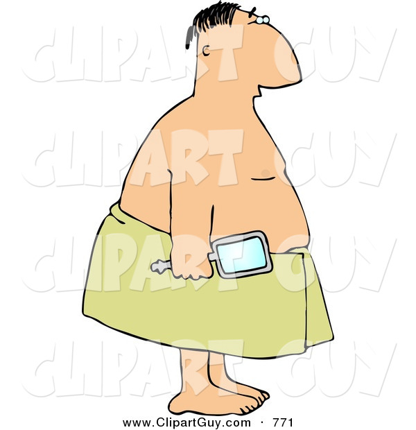 Clip Art of a Clean Showered Man Wearing a Towel Around His Waist and Holding a Mirror on White