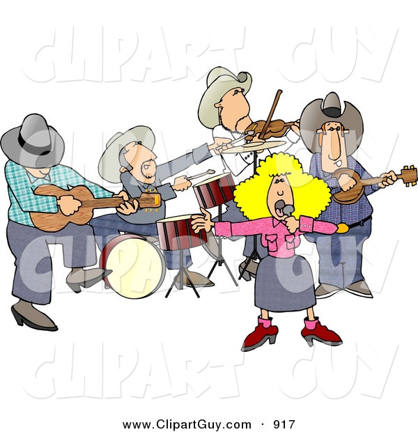 Clip Art of a Country Western Band Playing Country Music on White