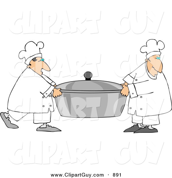 Clip Art of a Couple of Chefs Carrying a Large Oversized Pot of Food
