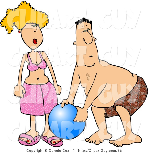 Clip Art of a Couple Playing with a Blue Ball at the Beach