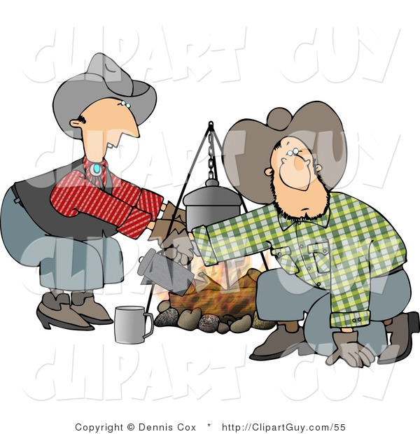 Clip Art of a Cowboy and Cowgirl Crouched Beside a Campfire