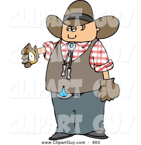 Clip Art of a Cowboy Checking His Stopwatch for the Time