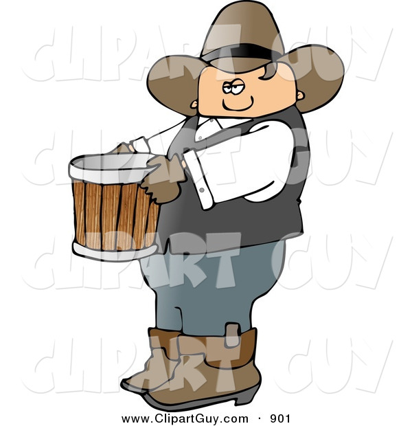 Clip Art of a Cowboy Farmer Carrying an Empty Bucket to the Left