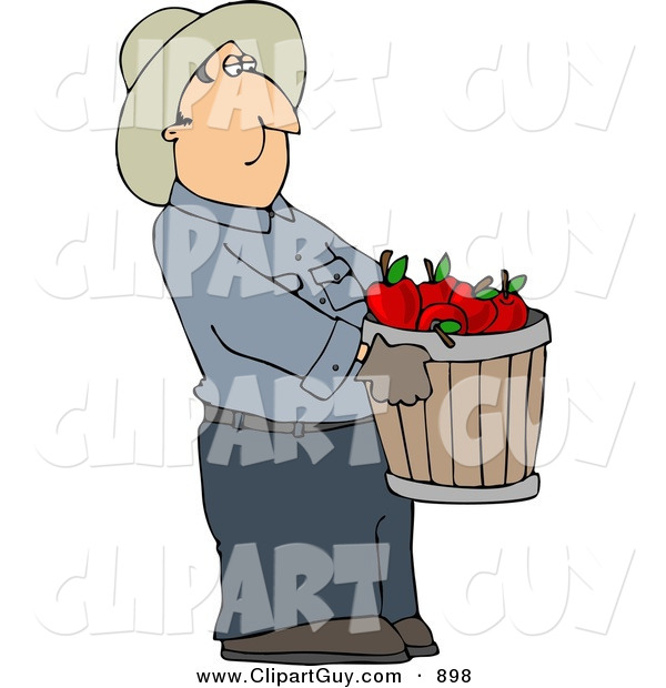 Clip Art of a Cowboy Farmer Guy Carrying a Pale of Freshly Picked Red Apples