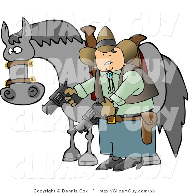 Clip Art of a Cowboy Man Standing Beside His Horse and Pointing Guns Towards the Ground