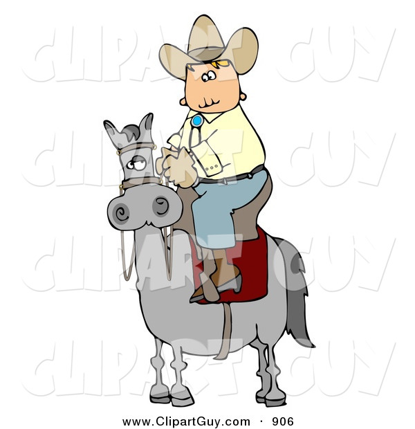 Clip Art of a Cowboy Riding High on a Gray Horse to the Left