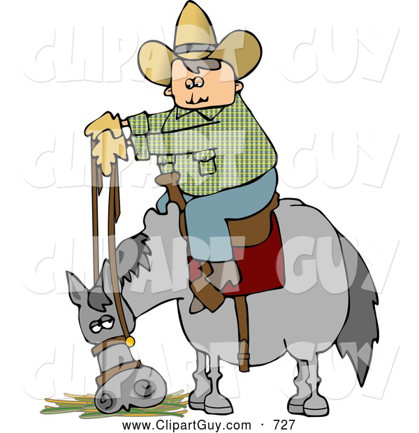 Clip Art of a Cowboy Sitting on His Stubborn Horse Eating Hay
