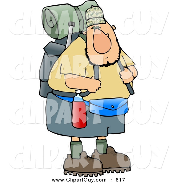 Clip Art of a Curious and Adventurous Male Hiker Carrying Backpack and Camping Gear