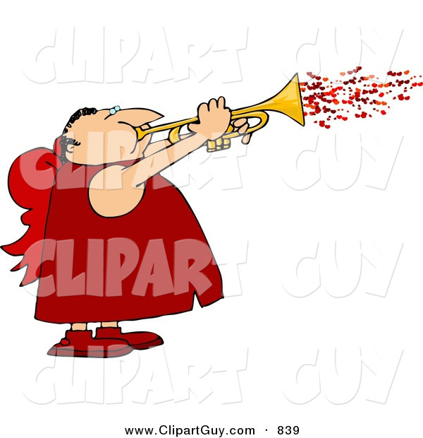 Clip Art of a Cute Man Wearing Valentine Cupid Costume and Blowing Love Hearts from a Trumpet
