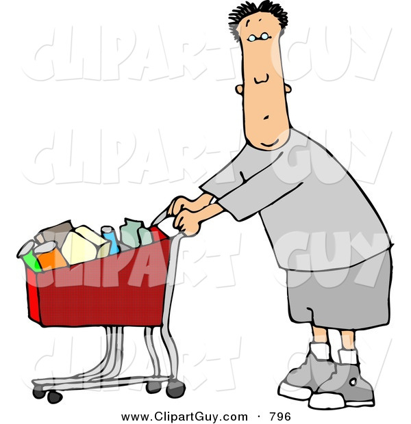 Clip Art of a Cute White Man Pushing a Shopping Cart Filled with Food in a Grocery Store
