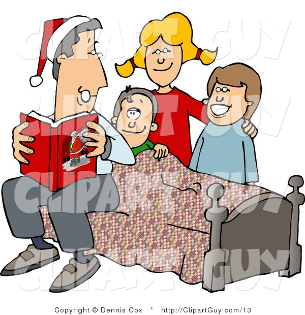 Clip Art of a Dad Reading a Bedtime Christmas Story to His Sons and Daughter