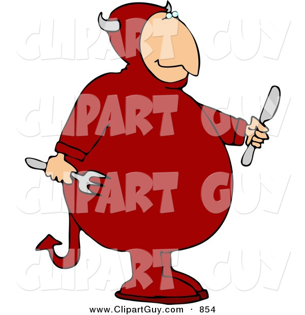 Clip Art of a Devil Holding a Fork and Knife and Looking Right