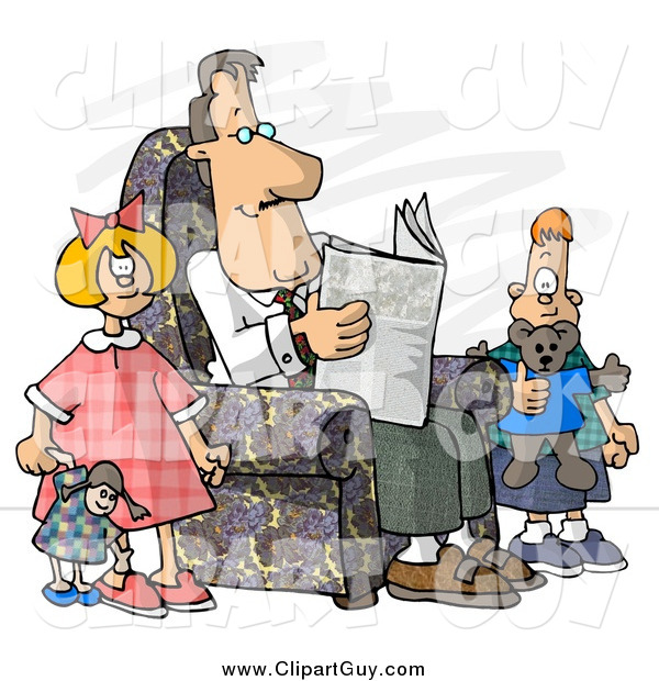 Clip Art of a Divorced White Dad Reading Newspaper Beside His Kids